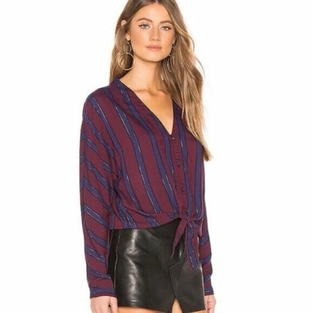 Rails Sloane Blouse in Janeiro Stripe Burgundy Navy Metallic V Neck XS